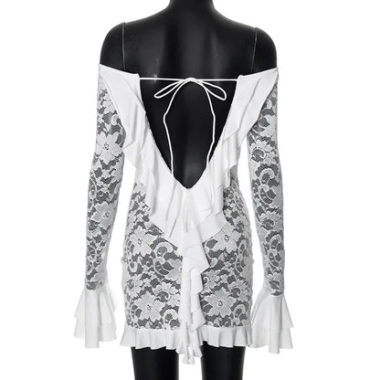 Lace Trim Slash Neck Sheer Long Sleeve Tiered Maxi Dress