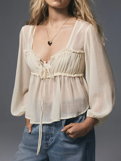 Women Ruffle Lace Chiffon Tie Chiffon Blouse