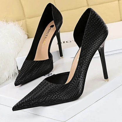 Weave Design Kitten Heels Women Shoes Pointed Stiletto Pumps