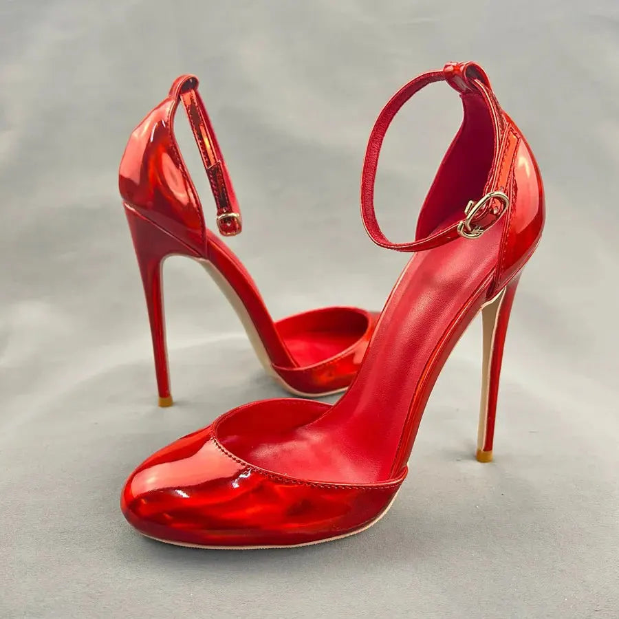 Red Black Women Ankle Buckle Round Toe High Heel Shoes for Summer