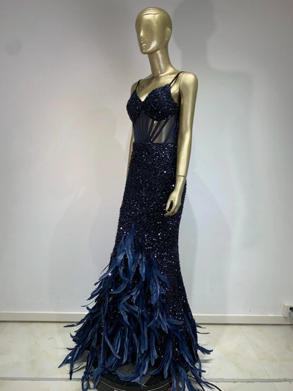 Mesh Sequins Blue Feather Long Dress
