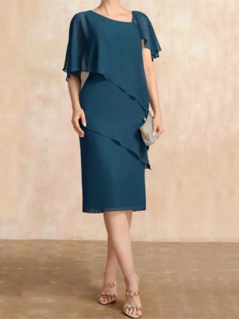 Asymmetric Beaded Shoulder Cape Sleeve Tiered Chiffon Knee Length Dress