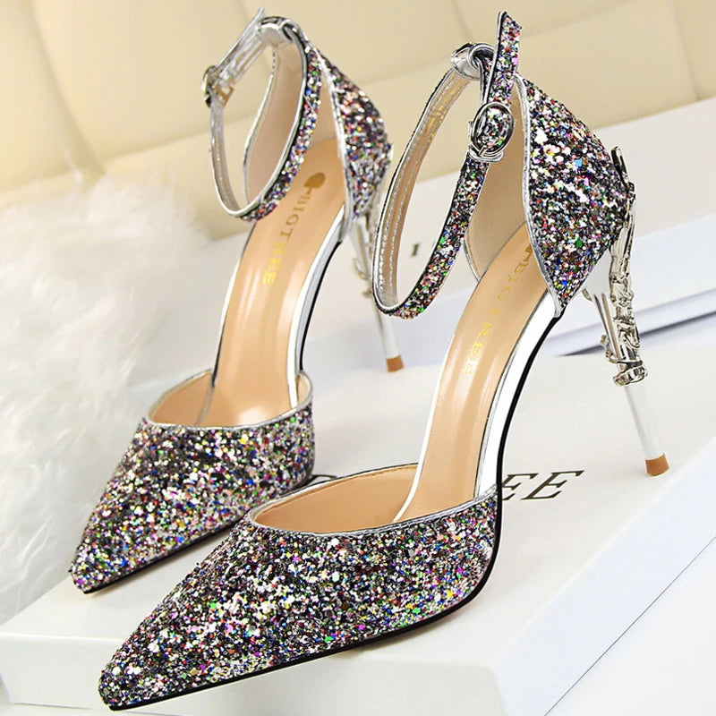 Sequin Wedding Pumps with Metal Decoration - 7.5cm Stilettos