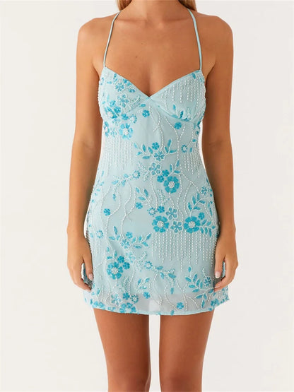 V-Neck Halter Mini Floral Dress