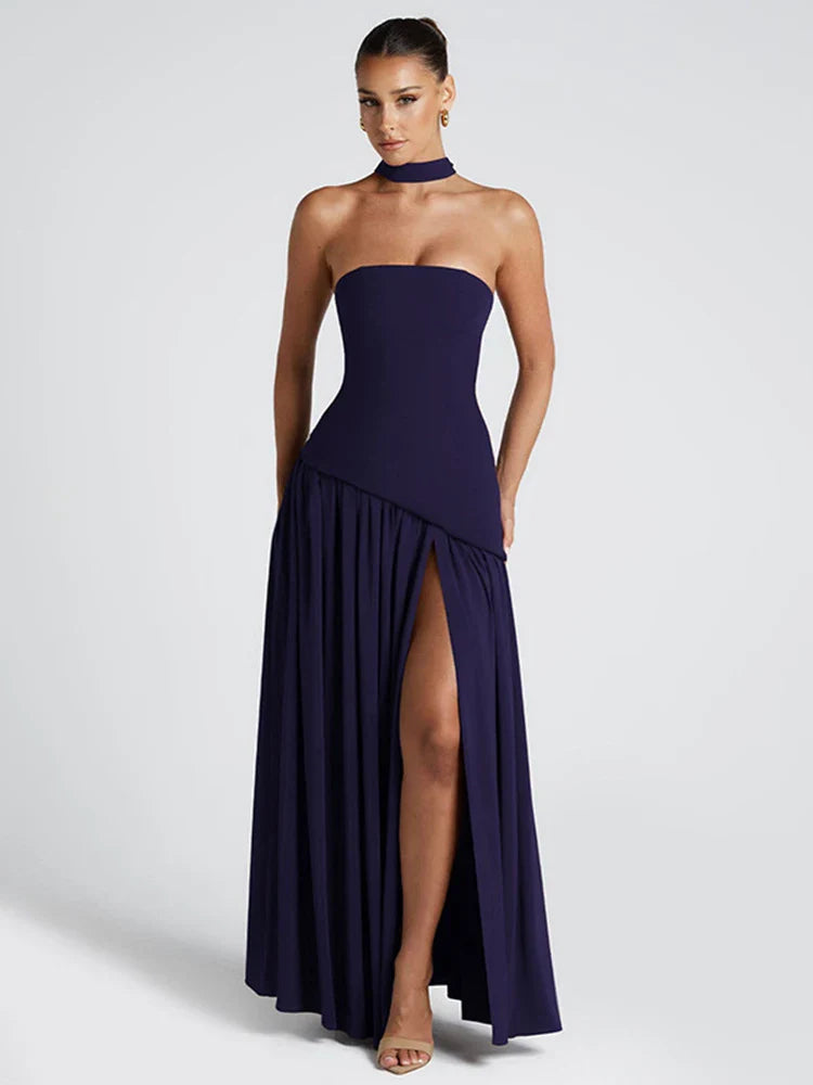 Backless Slit Ribbon Strapless Maxi Dress