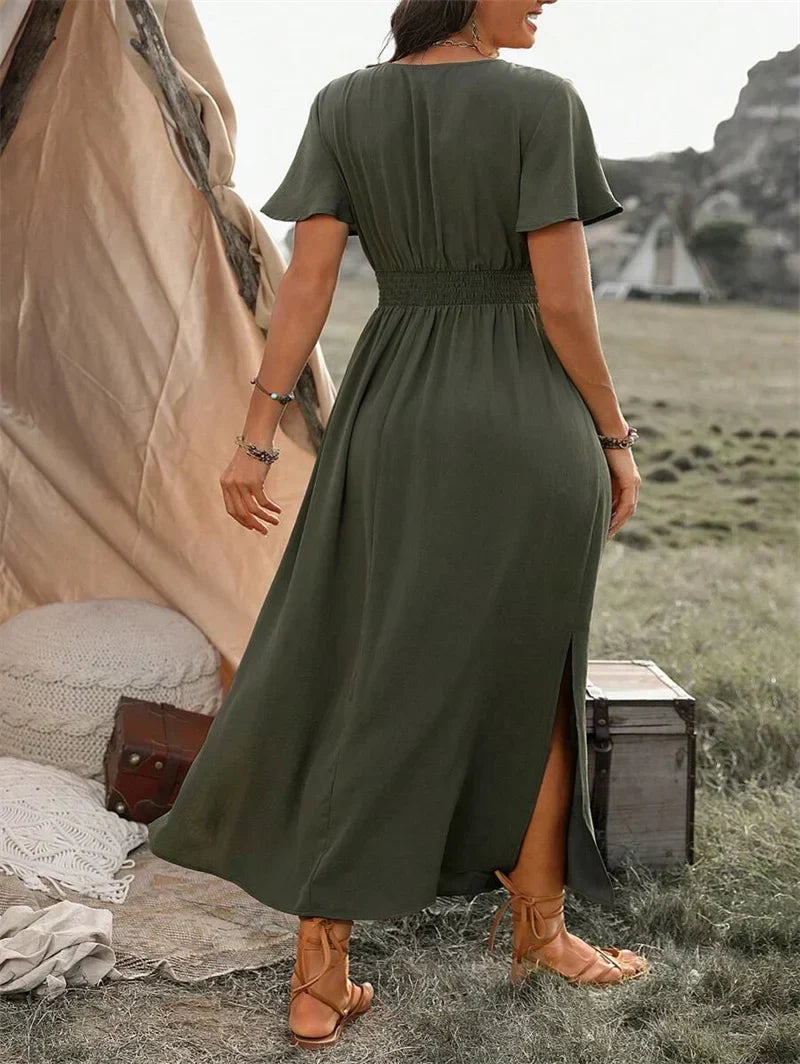 Surplice V-Neck Smocked Waist Flutter Sleeve Maxi Dress