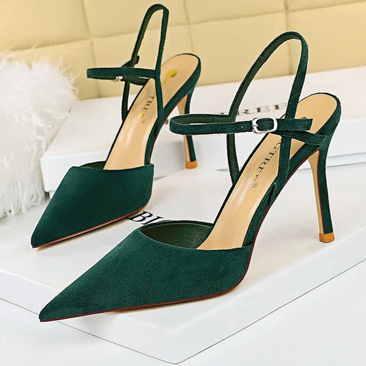 Suede Women Sandals Pointed Toe High Heels Summer Hollow Out