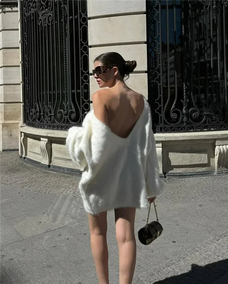 Trendix Loose Backless Knit Pullover For Women's 2024 Sexy Off Shoulder Long Sleeve Sweater Femme Solid Casual Knitwear Cover-up