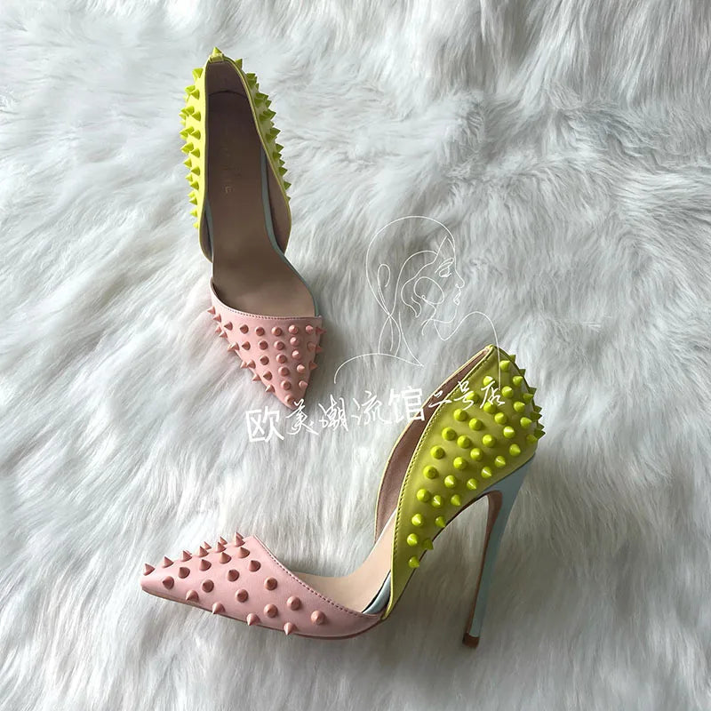 High Heel Shoes with Mixed Colors, Pointed Toe, Rivets, and Studs for Sexy Women