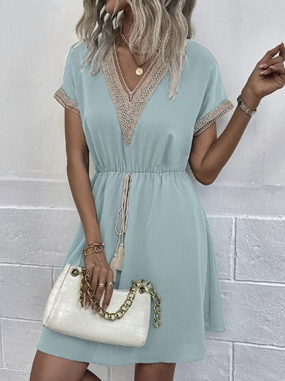 Crochet Trim Deep V-Neck Drawstring Tie Waist A-Line Mini Dress