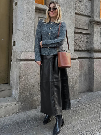 Black PU High Waist Long Skirt For Women Patchwork Casual Commute Slim Autumn Plaid Skirt Fashion Female Maxi Skirt