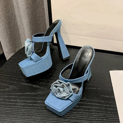 Rhinestone Platform Slippers with Crystal Flower Design for Women