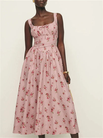 Floral Print Linen Square Collar Lace Up Mid Length Dress