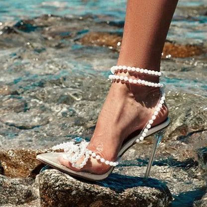 White String Bead Transparent High Heels for Women, Sexy Summer Style