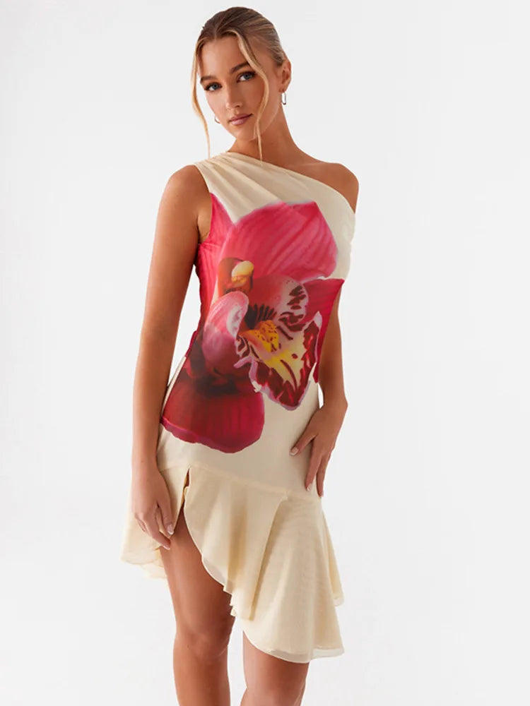 Skew Collar Ruffled Off-shoulder Printed Vacation Dress