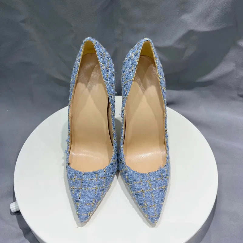 Blue Plaid Pointy Toe High Heel Shoes for Women