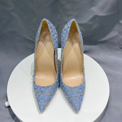 Navy Blue Plaid Pointy Toe High Heel Stiletto Pumps for Women