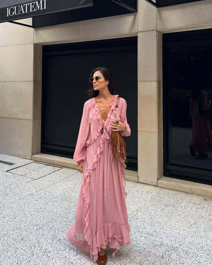 Ruffled Long Sleeve Chiffon Maxi Dress