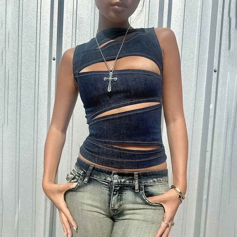 Round Neck Hollow Slim Crop Top