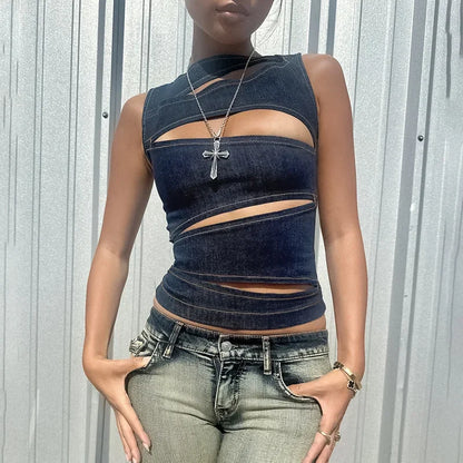 Round Neck Hollow Slim Crop Top