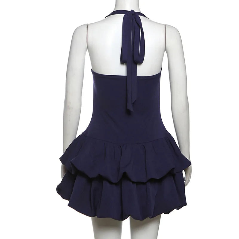 Halter Neck Square Neck Tiered Bubble Hem Mini Dress