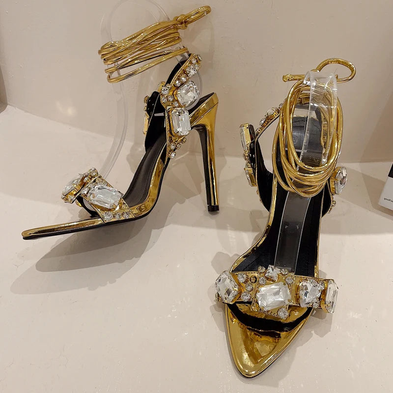 Crystal Rhinestones Sandals Women Summer Pointed Toe Stilettos Thin Heels