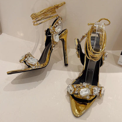 Crystal Rhinestones Sandals Women Summer Pointed Toe Stilettos Thin Heels