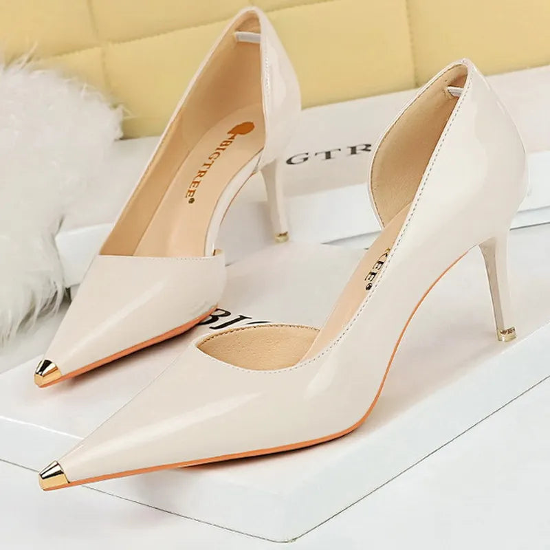 Black Patent Leather High Heel Metal Pointed Pumps for Women - Sexy Party Stilettos