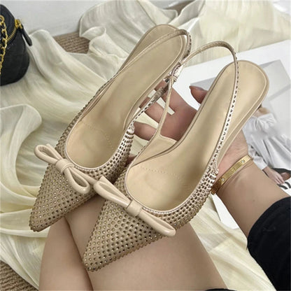 Silk Crystal Pumps Women Sexy Pointed Toe Low Thin Heels