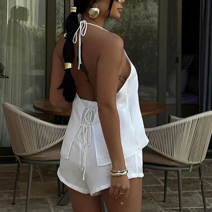 Lace-up Sleeveless Shorts Two Piece Set