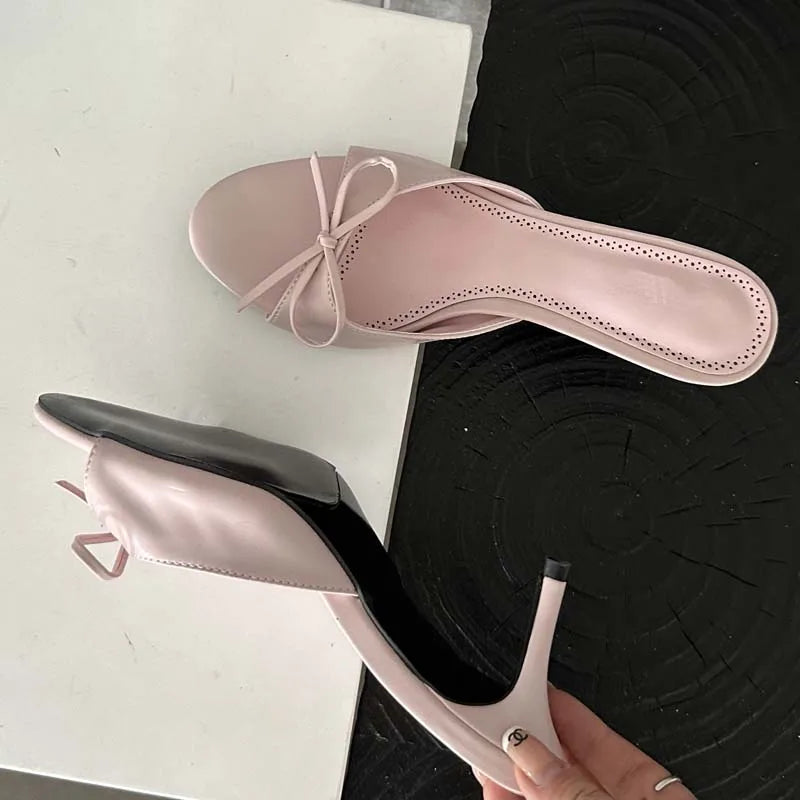 Summer Pink Butterfly-knot Woman Slippers with Elegance Stripper Thin Low Heels