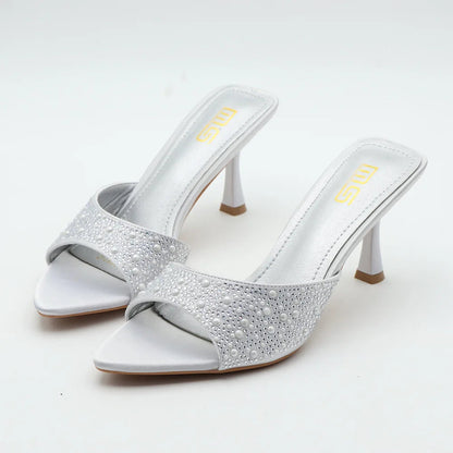 High heeled fishmouth slippers with rhinestones for summer