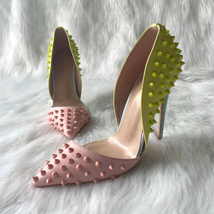 High Heel Shoes with Mixed Colors, Pointed Toe, Rivets, and Studs for Sexy Women
