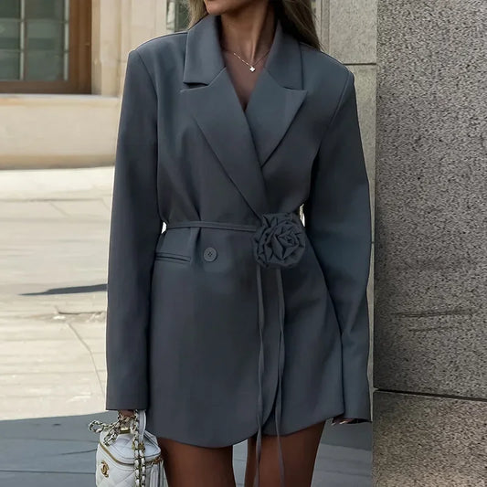 Loose Flower Belt Pocket Blazer Coat