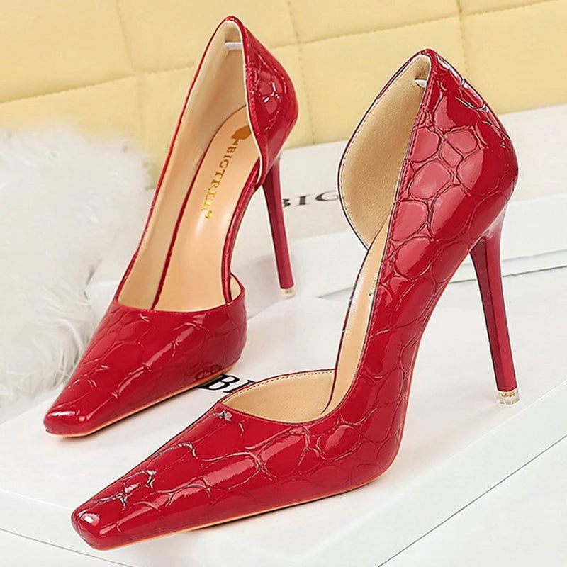 Patent Leather Stone Pattern High Heel Pumps for Women