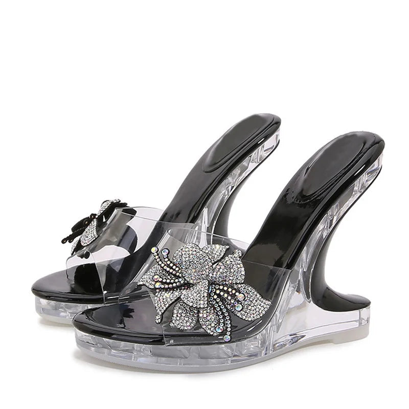 Crystal Flowers Women's High Heel Platform Wedge Sandals