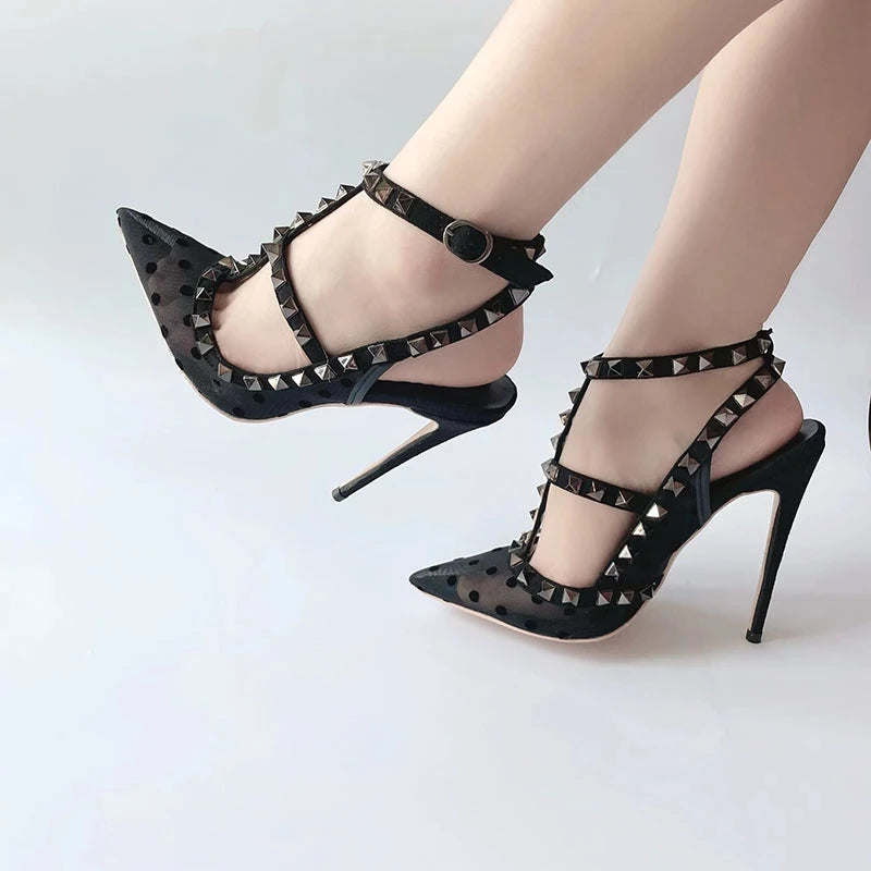 Black Gauze Mesh Gladiator High Heel Shoes with Summer Studs Rivets and Backless Design