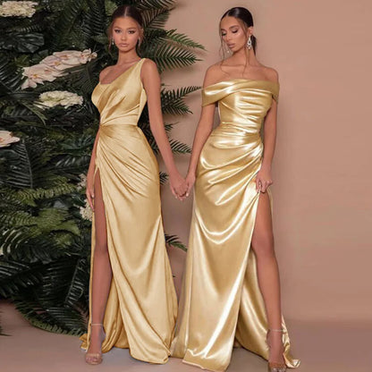 One Shoulder Satin Slit Maxi Dress