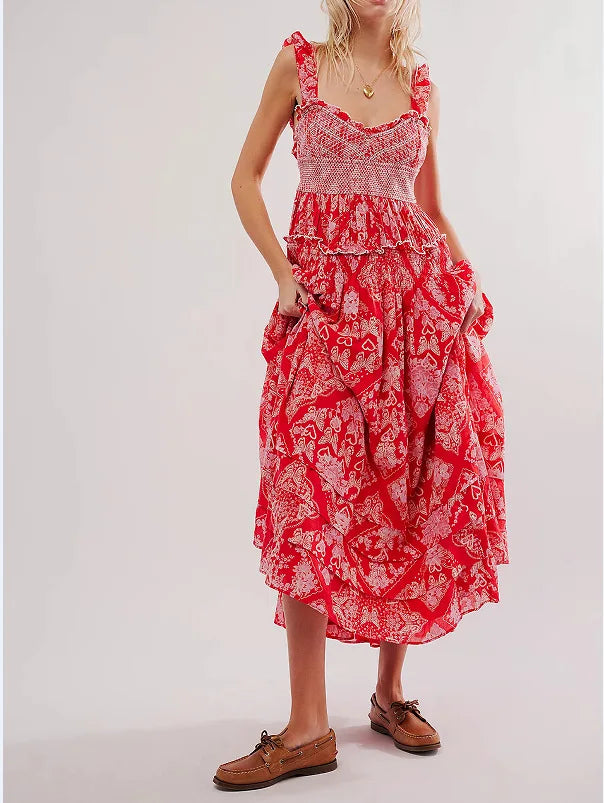 Printed Chiffon Short Sleeve A-line Boho Dress