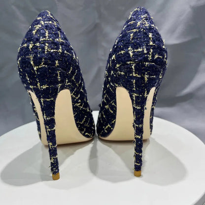 Navy Blue Plaid Pointy Toe High Heel Stiletto Pumps for Women