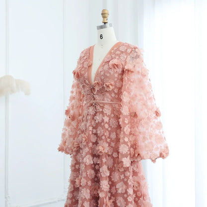 Peach-Pink 3D Flowers Bell Long Sleeves Prom Dress