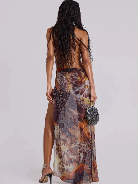 Aesthetic Print Mesh Split Maxi Dress