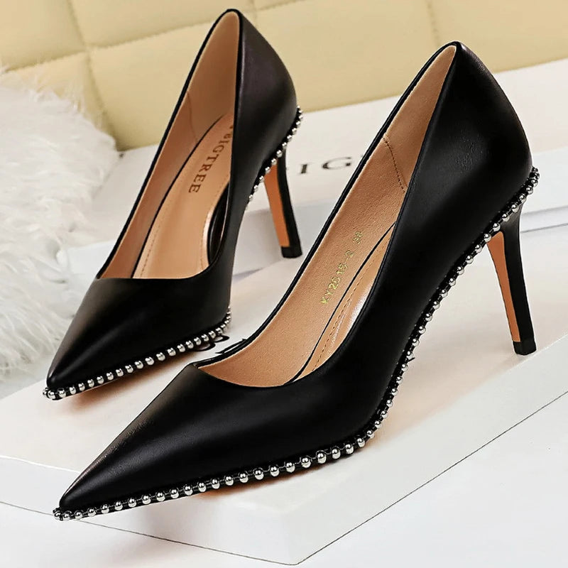 Metal Beads Black Suede High Heel Stiletto Wedding Shoes Women Pumps