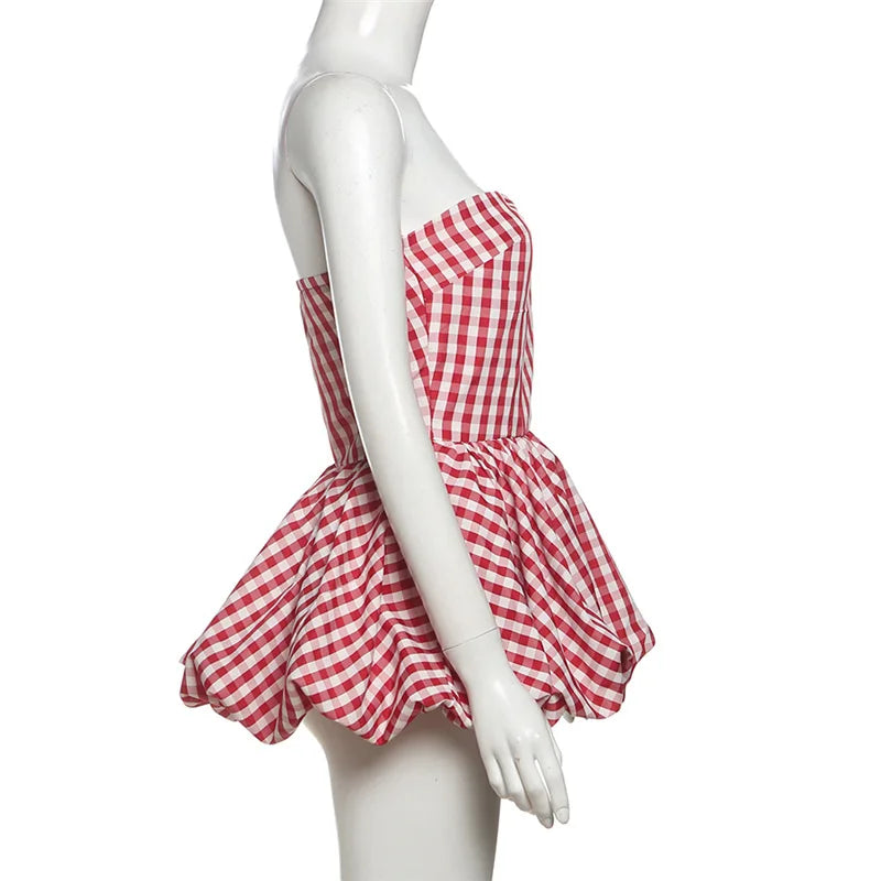 Spring Summer Plaid Tops for Women Streetwear Strapless Off Shoulder Backless Ruched Red T-shirt Girls Sleeveless Tees Top