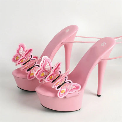 Butterfly Cross Embroidery High Heels Platform Sandals for Women