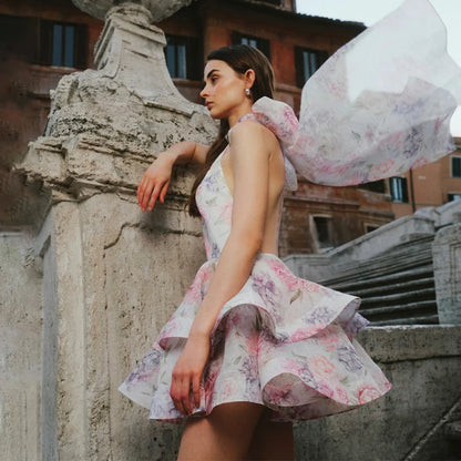 Ruffle Bow Layered Floral Mini Dress