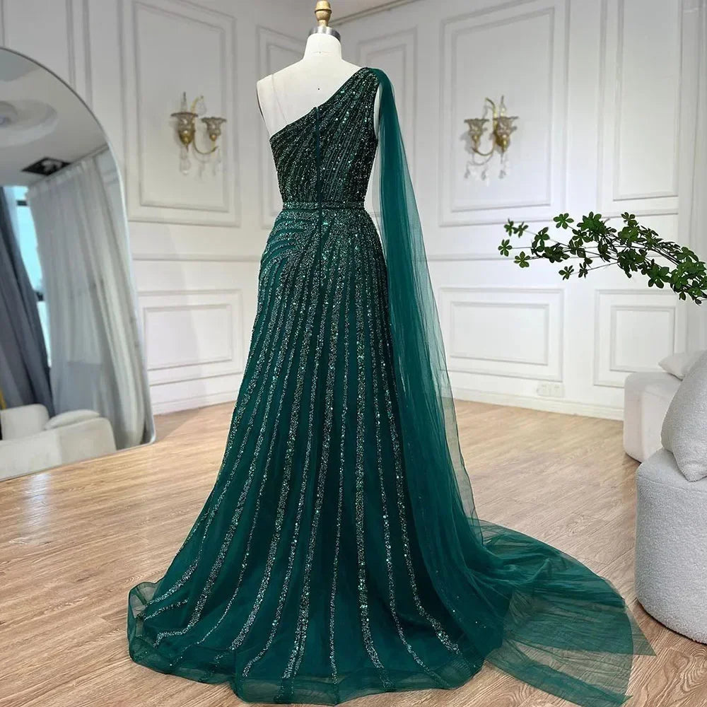 One-Shoulder Cape Sleeve Beaded Evening Dresses