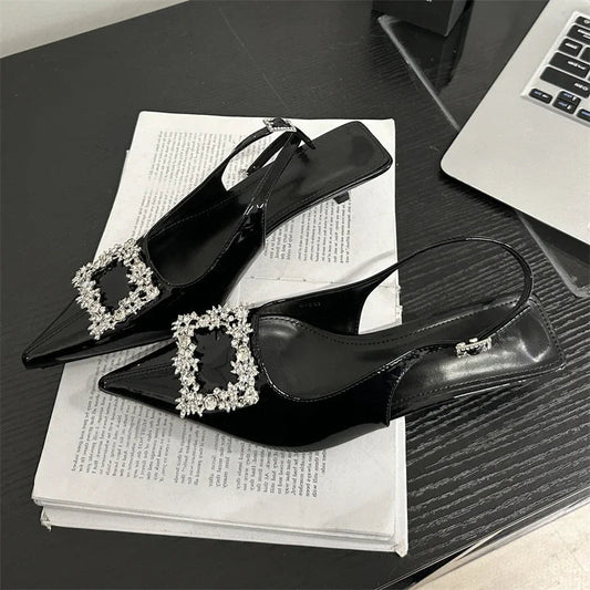 Crystal Women Pumps with Pointed Toe and Thin Low Heel