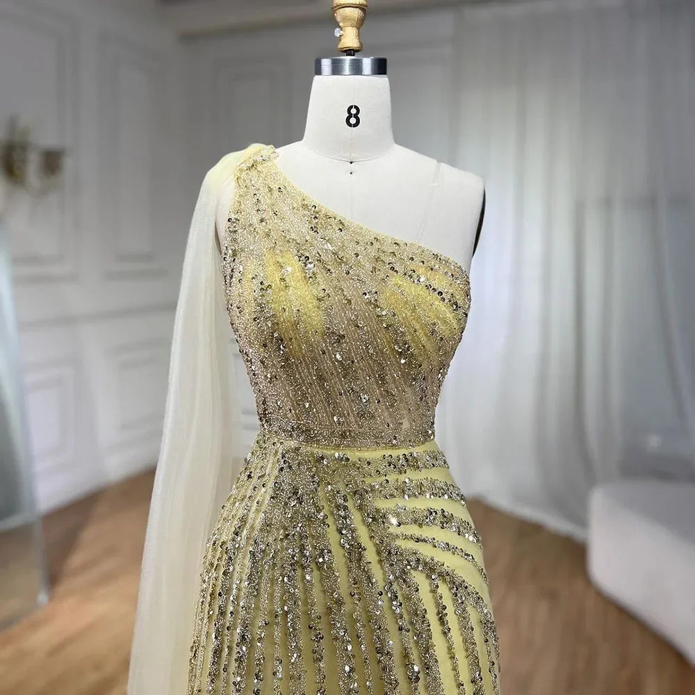 One-Shoulder Cape Sleeve Beaded Evening Dresses