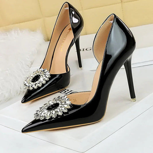 Patent Leather High Heel Pumps with Rhinestone Buckle